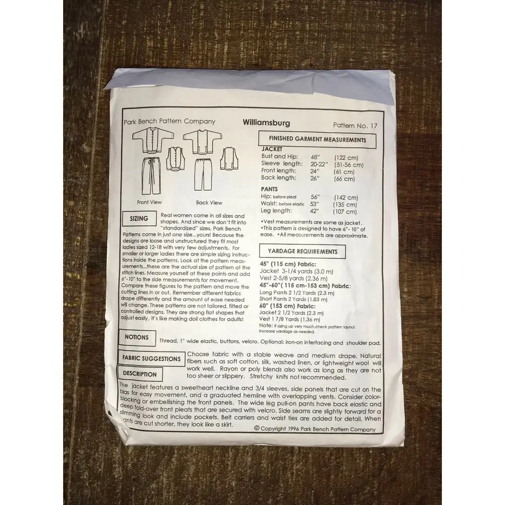 Park Bench Sewing Pattern 17 Williamsburg Oversize Vest Jacket Pants 12-18 UNCUT